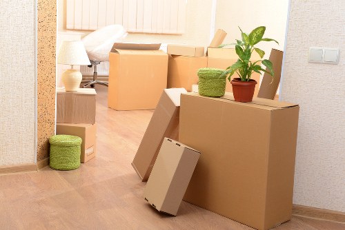 Packed business equipment ready for a local move in Fulwell