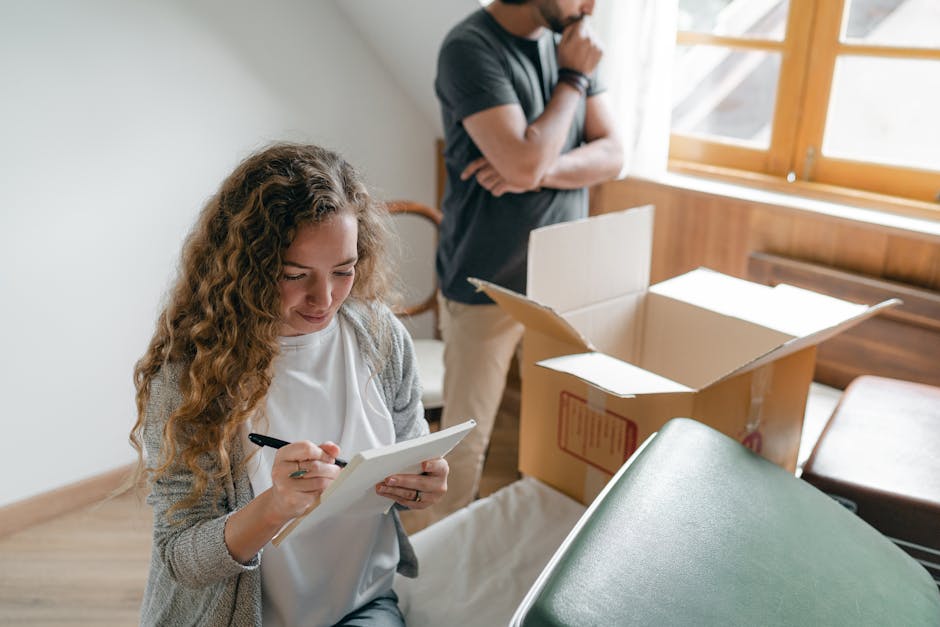 A woman with curly brown hair, dressed in a light grey cardigan and white top, is sitting in a room with natural daylight coming through a window, holding a clipboard and pen while making notes during a house removal process. Behind her, a man wearing a dark t-shirt and light trousers stands with arms crossed, thoughtfully observing. The room contains an open, empty cardboard box placed on a beige sofa, with packing materials such as tissue paper and plastic wrap nearby. Wooden window frames with open panes allow sunlight to illuminate the space, highlighting the interior environment prepared for furniture transport and packing during a home relocation. The scene captures a moment of planning and preparation, possibly before loading furniture onto a van, aligning with the local moving services provided by Man with Van Fulwell for a quick and organized move in Twickenham Green.
