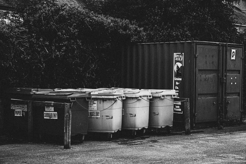 A row of seven large waste and recycling bins is positioned on a paved area near a dark, industrial-style shipping container, with a background of dense trees and bushes. The bins include a black bin 